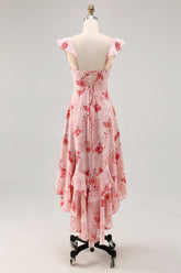 Bedrucktes Kleid für Hochzeitsgäste mit rosa Blume in A-Linie